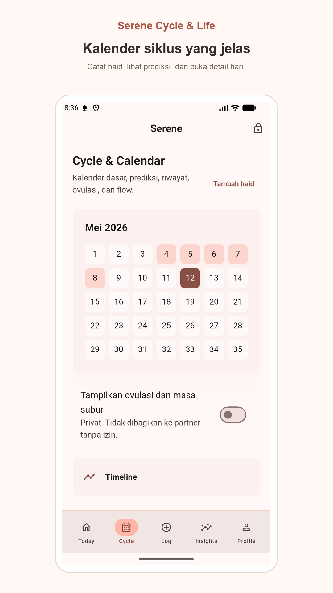Preview layar kalender siklus Siklia