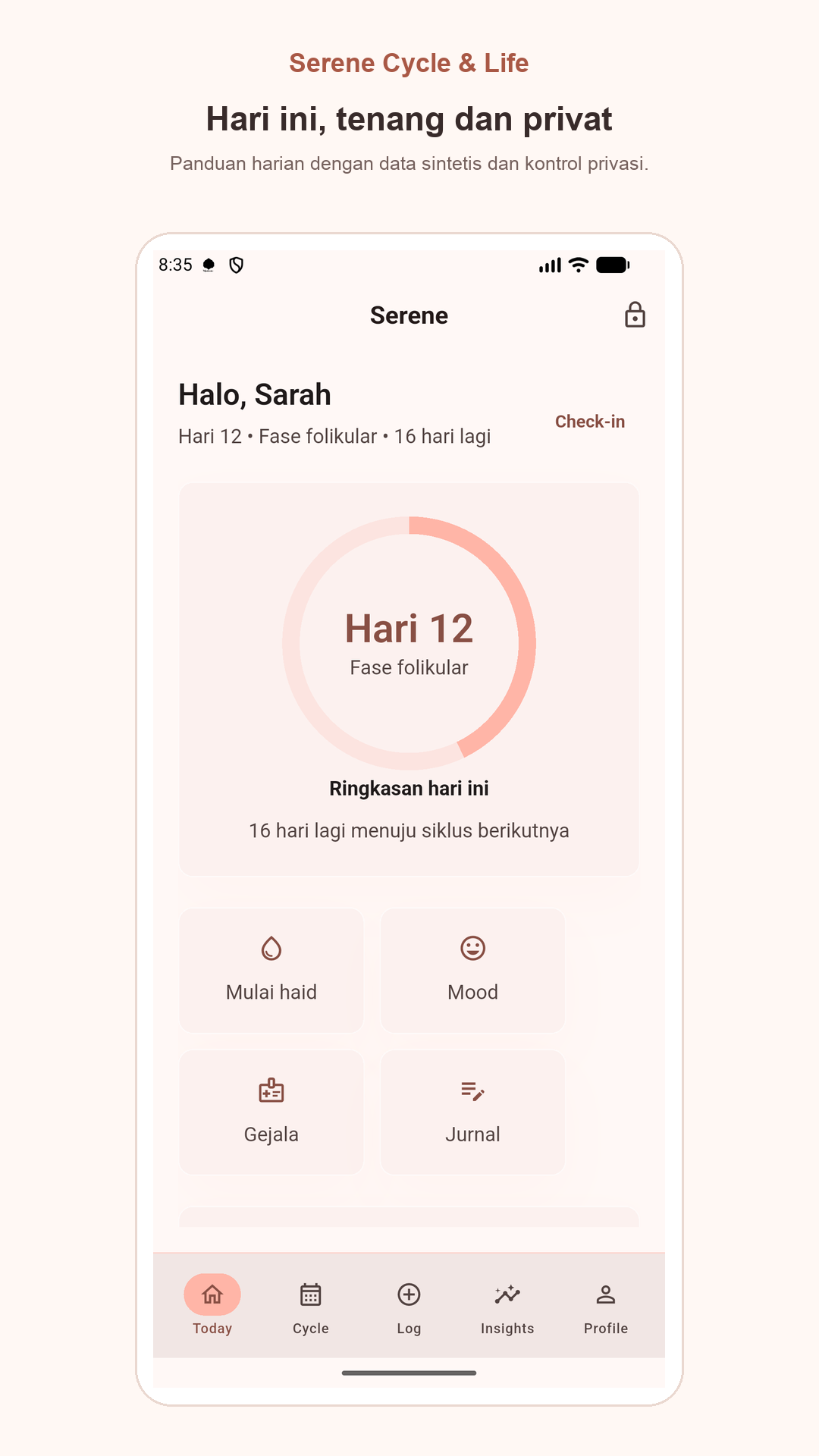 Preview layar Today Siklia dengan ringkasan siklus dan quick log
